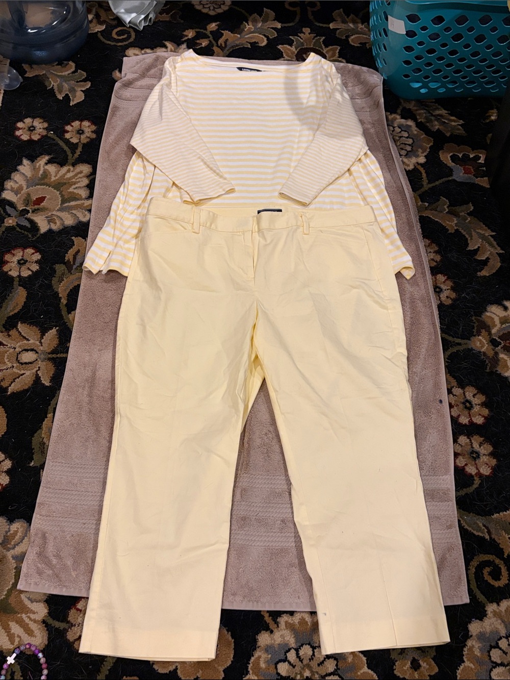 Lands' End Pale Yellow Cropped Pants and yellow shirt
